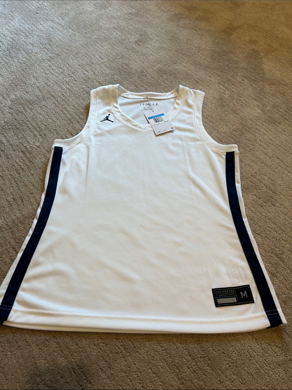 Jordan White Sleeveless Basketball Tank with Navy Side Stripes